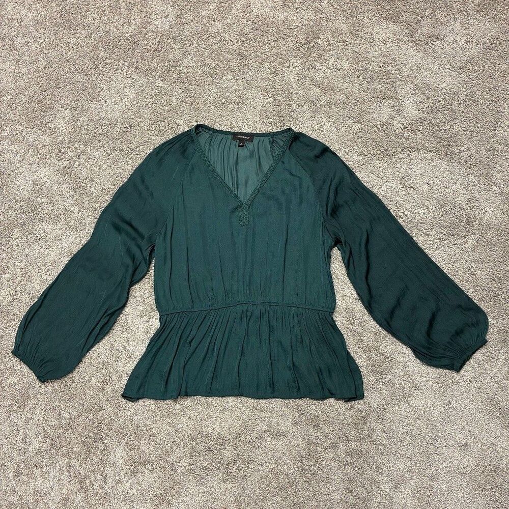 Calligraphie Peplum Blouse Large Dark Green Satin V-Neck Boho Dark Romantic